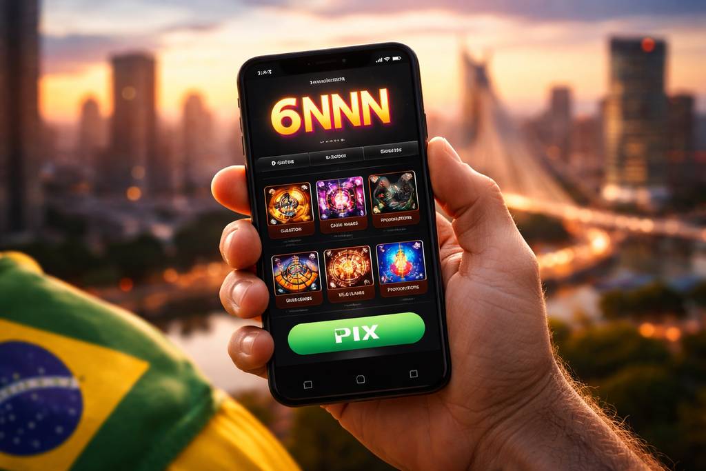 Smartphone elegante exibindo o app de cassino 6NNN com interface neon brilhante