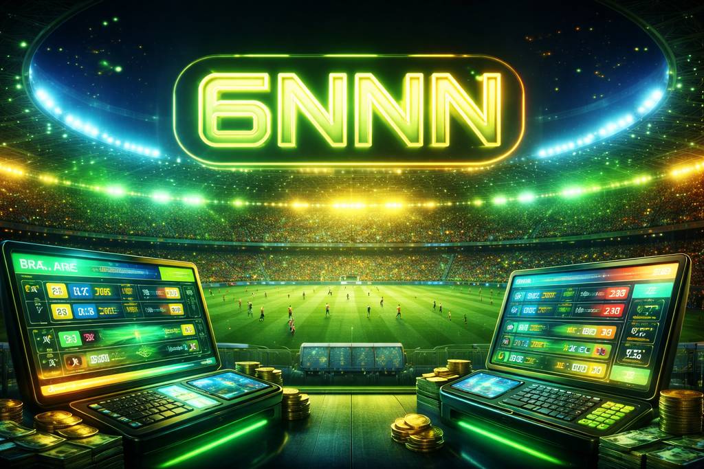 Ambiente digital de apostas esportivas 6NNN com estádio brasileiro iluminado e painel de cotações em tempo real