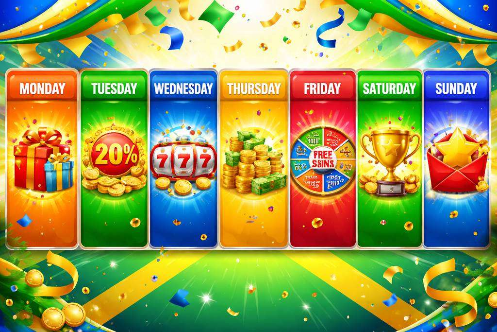 Calendário semanal colorido de promoções cheio de ícones de cashback e símbolos de giros grátis em um cenário festivo brasileiro
