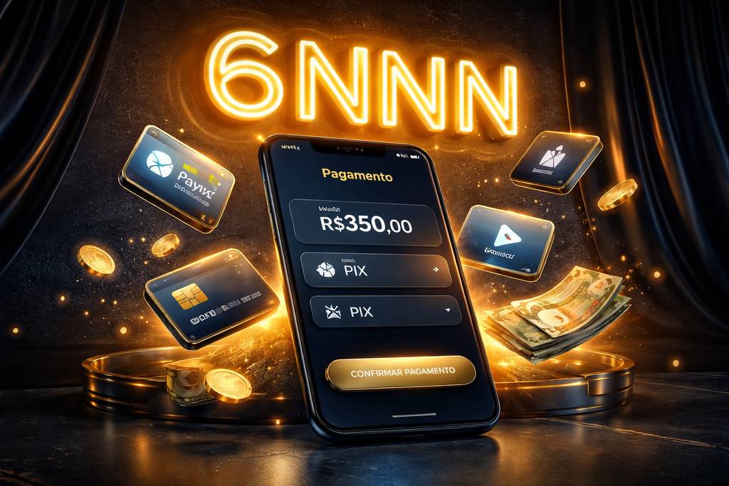 Interface de pagamentos do 6NNN Brasil mostrando PIX, cartões e transferências bancárias